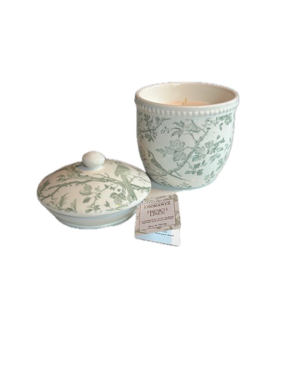 Enchanté Fresh Linen Scented Candle Lidded Ceramic Jar Toile Pattern 16oz